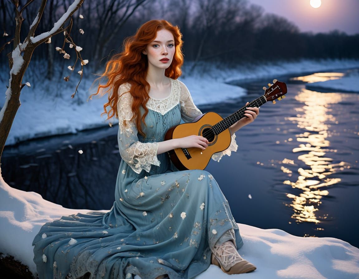 Redhead Woman on Snowy Branch in Art Nouveau Style