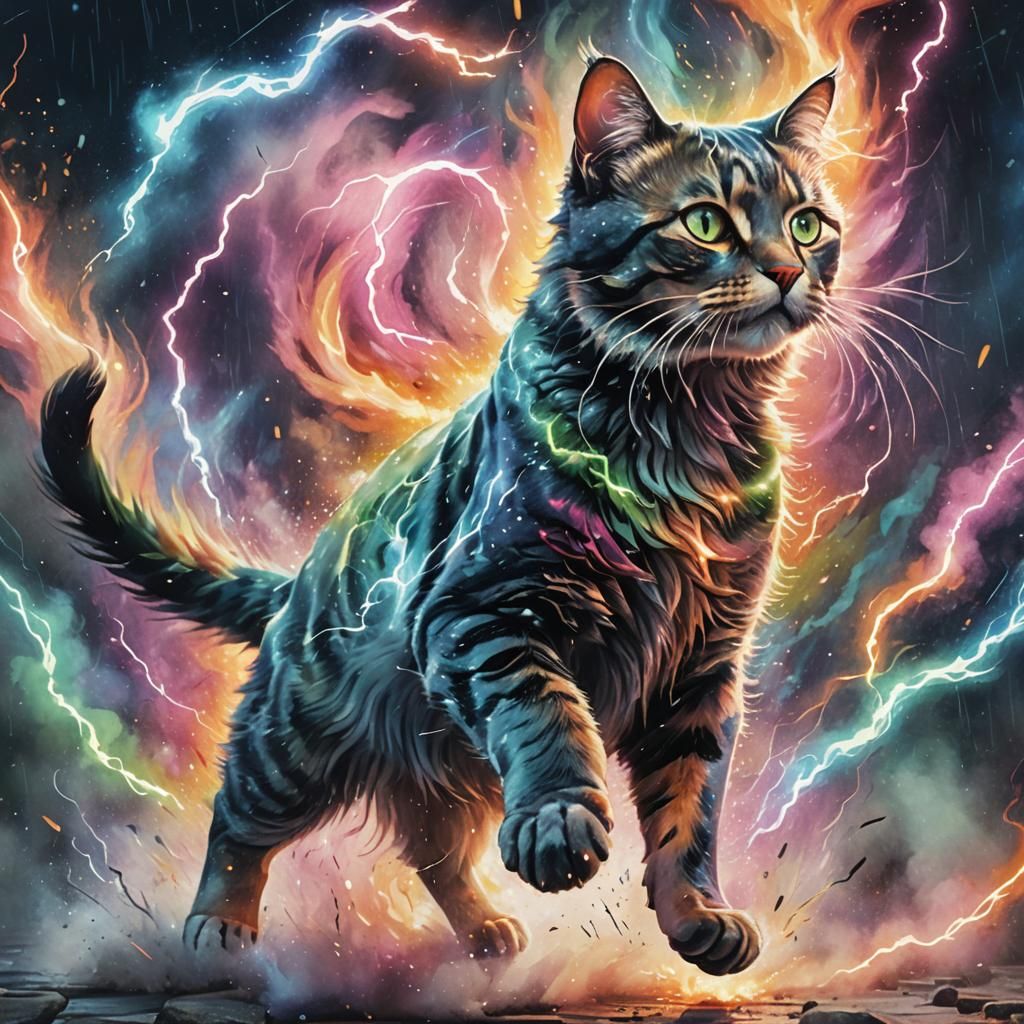 Fantasy Cat Running in Electric Watercolor Ambiance