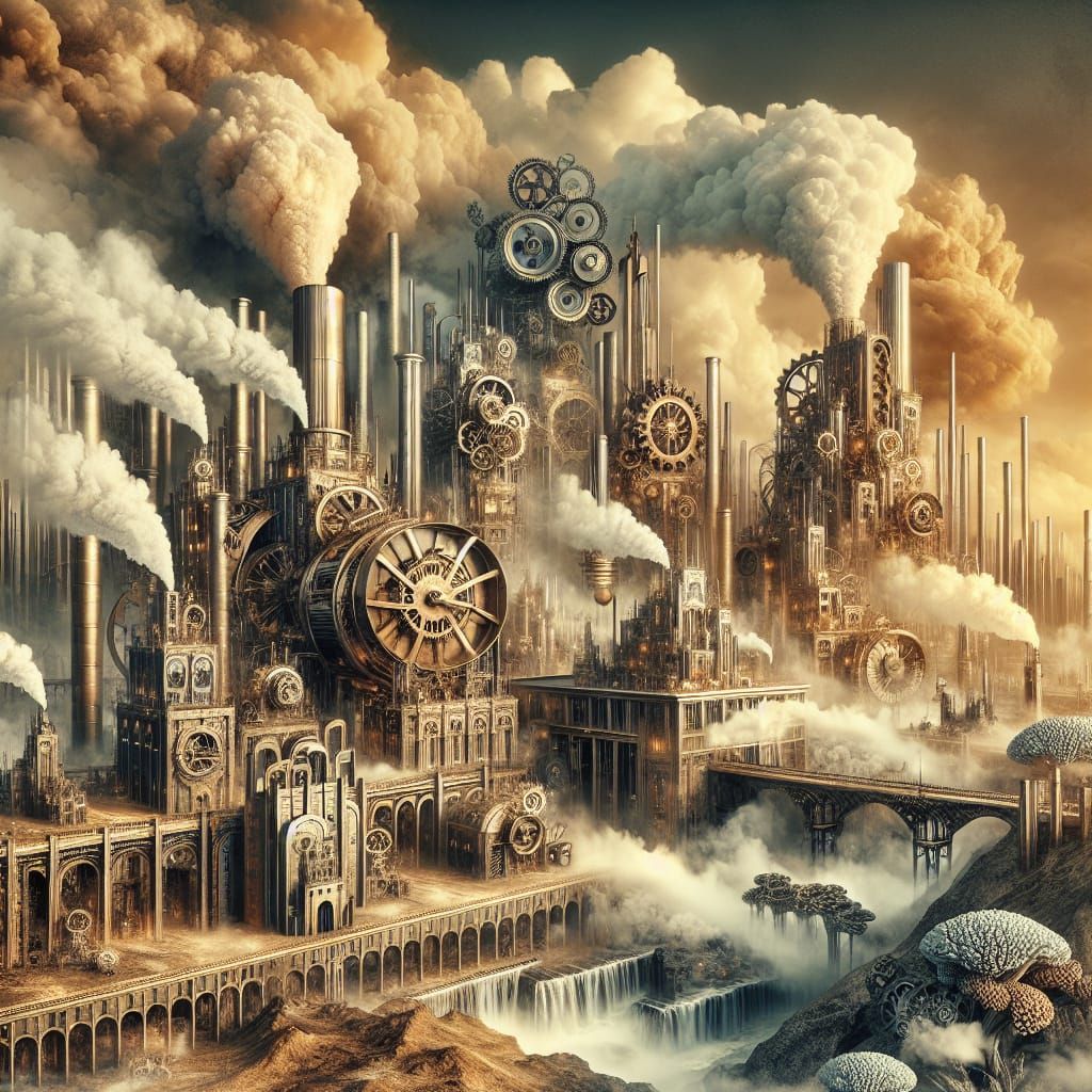 Surreal Steampunk Landscape with Intricate Machinery