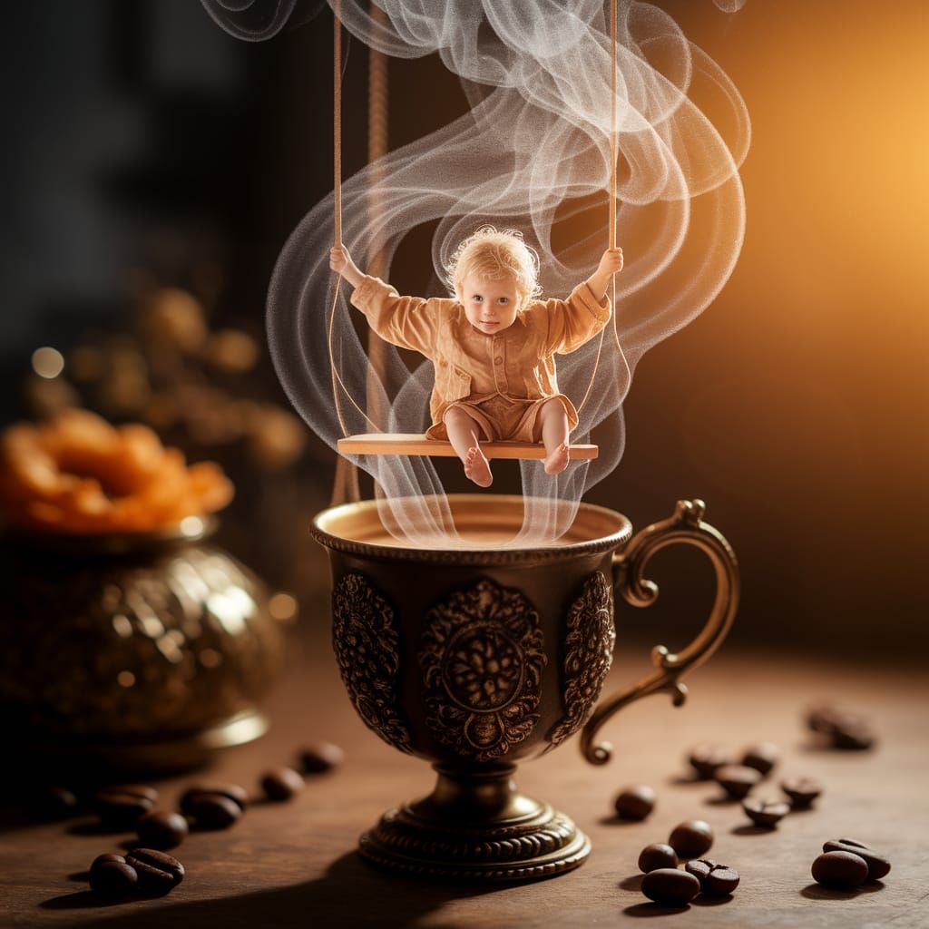 Dreamlike Coffee Scene with Child on Swing