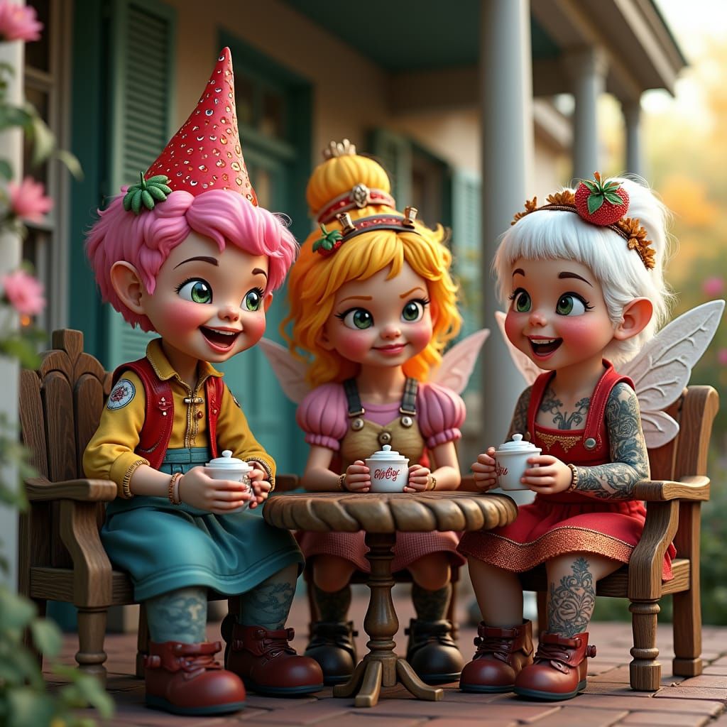 Steampunk Grannies Enjoying Tea on the Porch