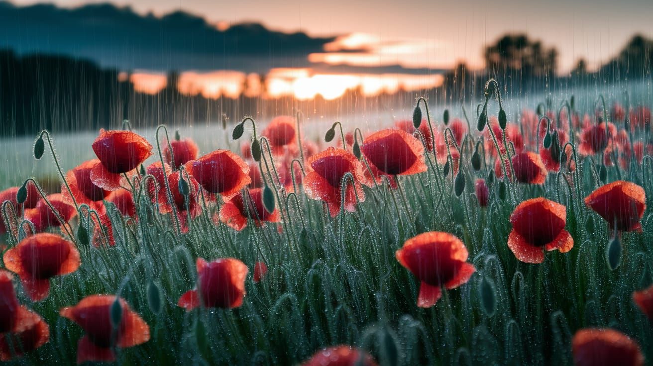 Poppies in Summer Rain at Sunset