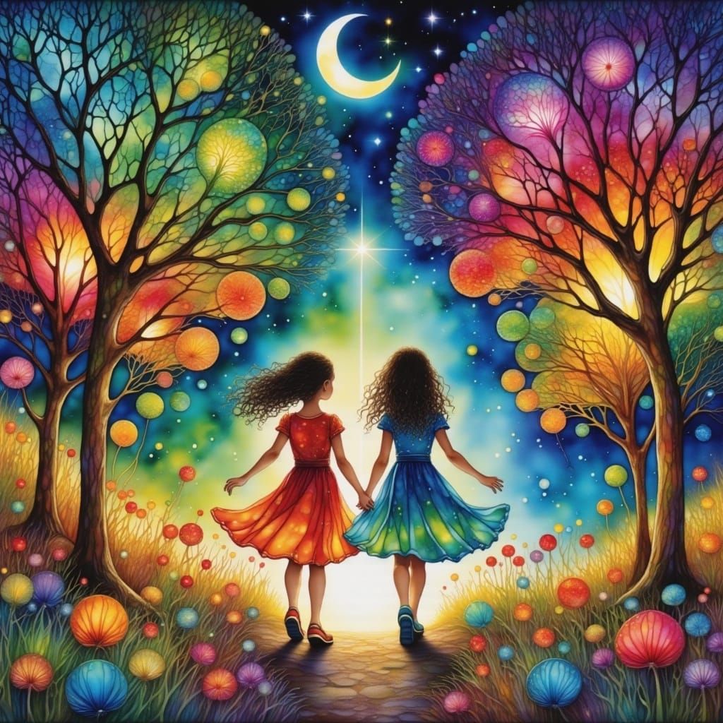 Girls Stroll Towards Starry Horizon: Rockwell-esque Painting