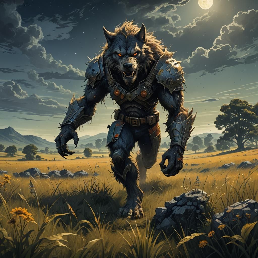 Werewolf in Field: Detailed Pencil Drawing