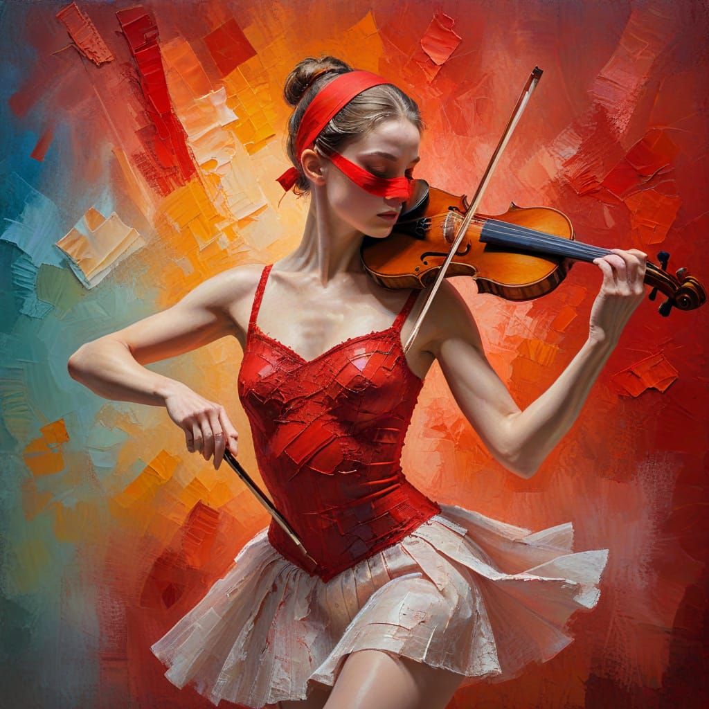 Ballerina Plays Violin Blindfolded in Impasto Style