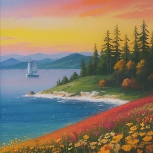 Impressionist Sunset Over Bay with Flower Meadow