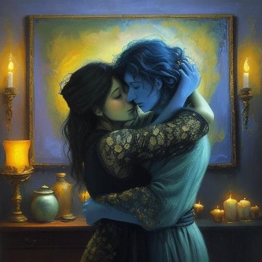 Cat and Person Embrace in Dreamlike Expressionism