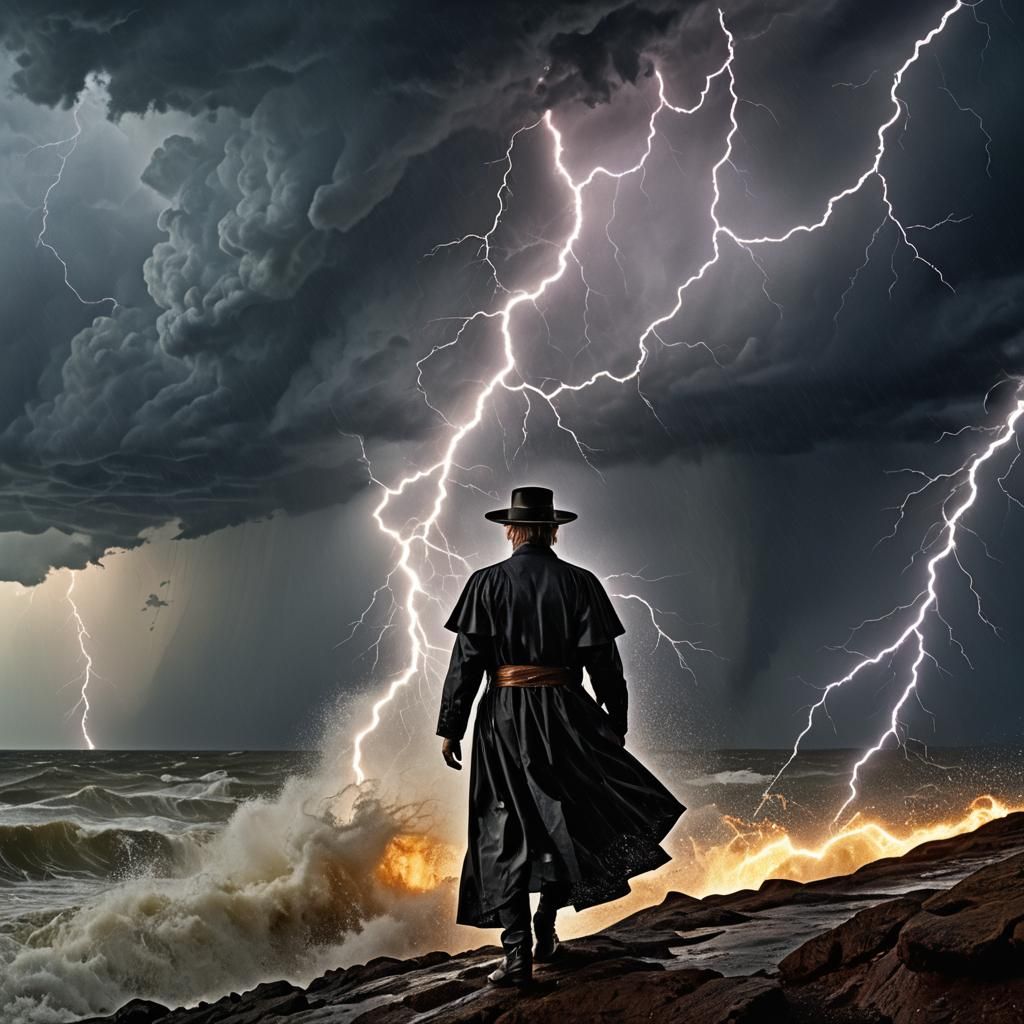 Wizard Cliffside Portrait Amidst Storm and Magic