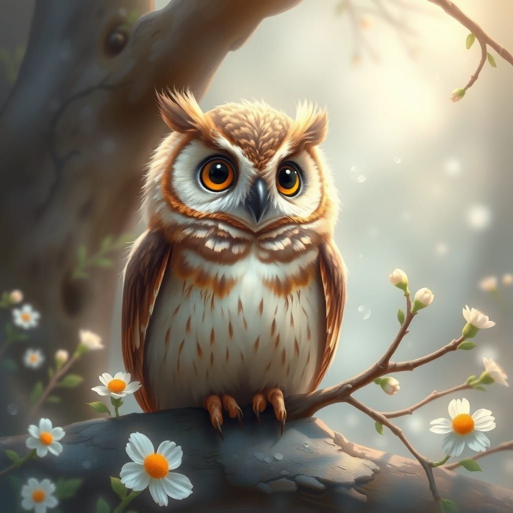 Whimsical Springtime Owl in Dreamy Ethereal Light