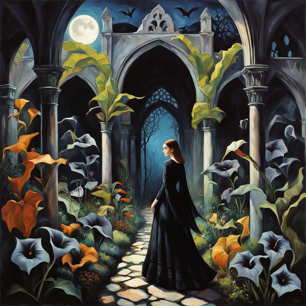 Surreal Gothic Garden with Woman in Oil Painting