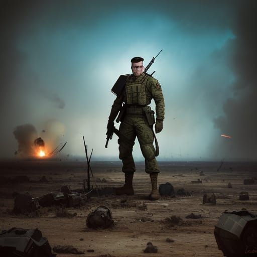 War-Torn Soldier in a Chaotic Landscape