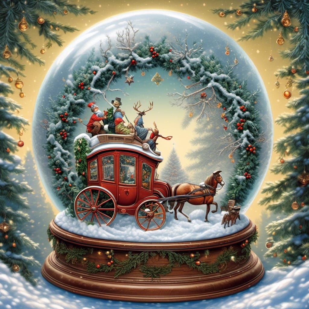 Christmas Stagecoach Snowglobe in Rockwell Style