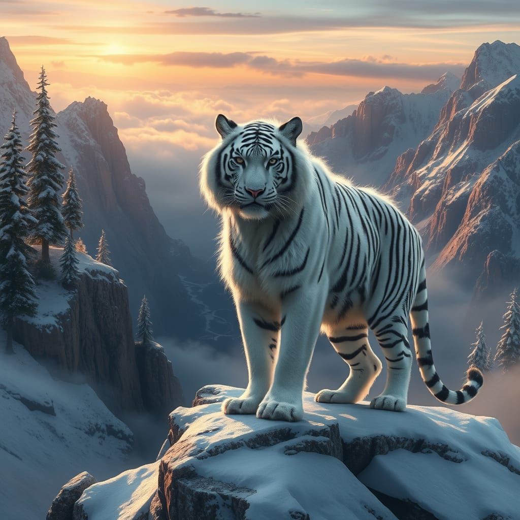 White Tiger on Snowy Peak: Digital Painting