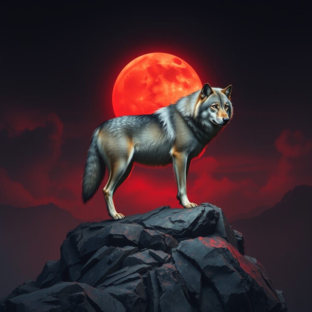 Majestic Grey Wolf Under the Blood Moon