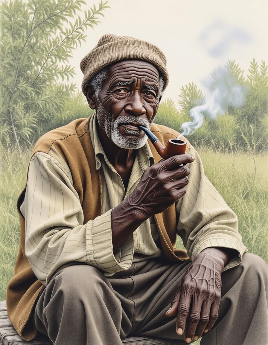 Detailed Graphite Drawing: Elderly Man Smoking a Pipe