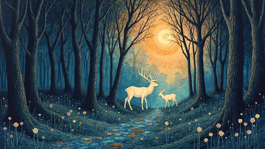 Magical Night Forest with Elk in Organic Line Art
