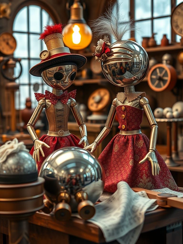 Chrome Ball Jointed Dolls in Steampunk Workshop