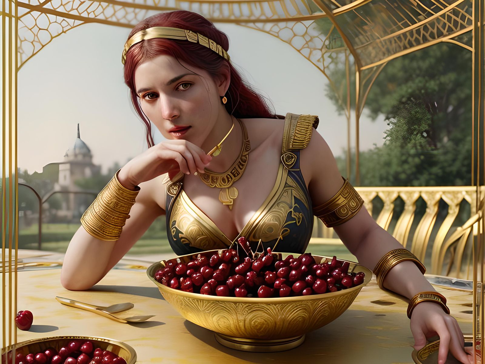 Roman Goddess with Cherries in Watercolor Style