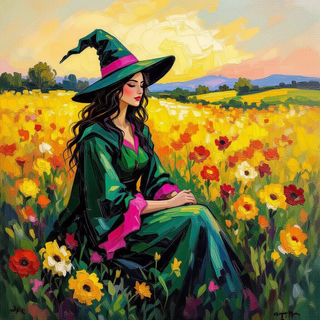 Witch in Yellow Flowers, Neo-Impressionist Oil Painting