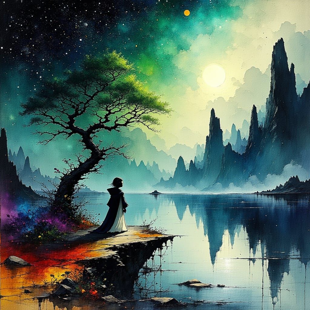 Cosmic Penguin Confronts the Night in a Cyberpunk Dreamscape