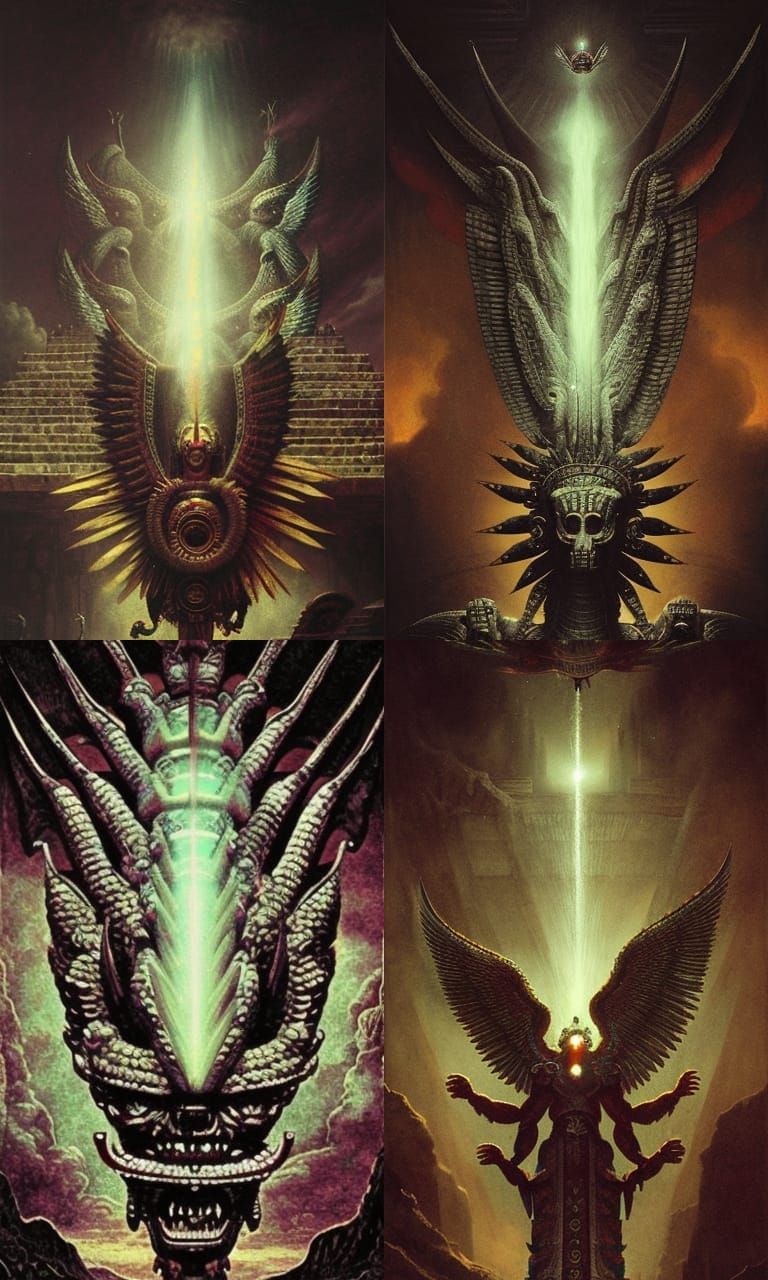 Kukulkan and Aztec Ritual with UFO, Digital Art