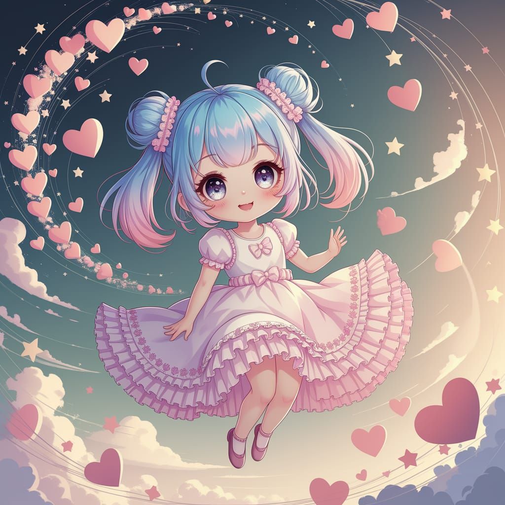 Enchanting Anime Girl Surrounded by Hearts and Stars