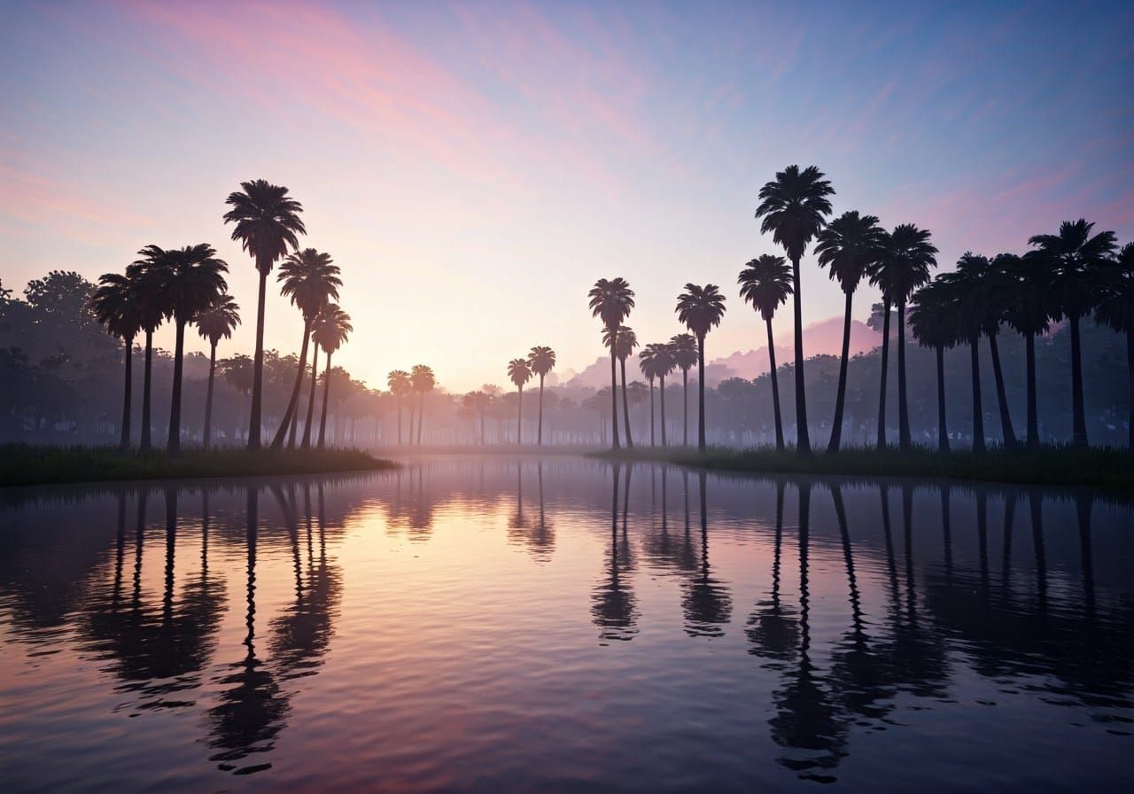 Tranquil Dawn: Palm Trees Reflected in Lake