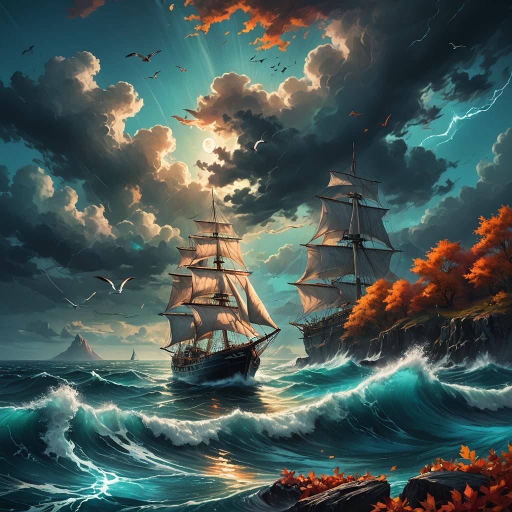 Sailboat on Stormy Sea with Rising Earth