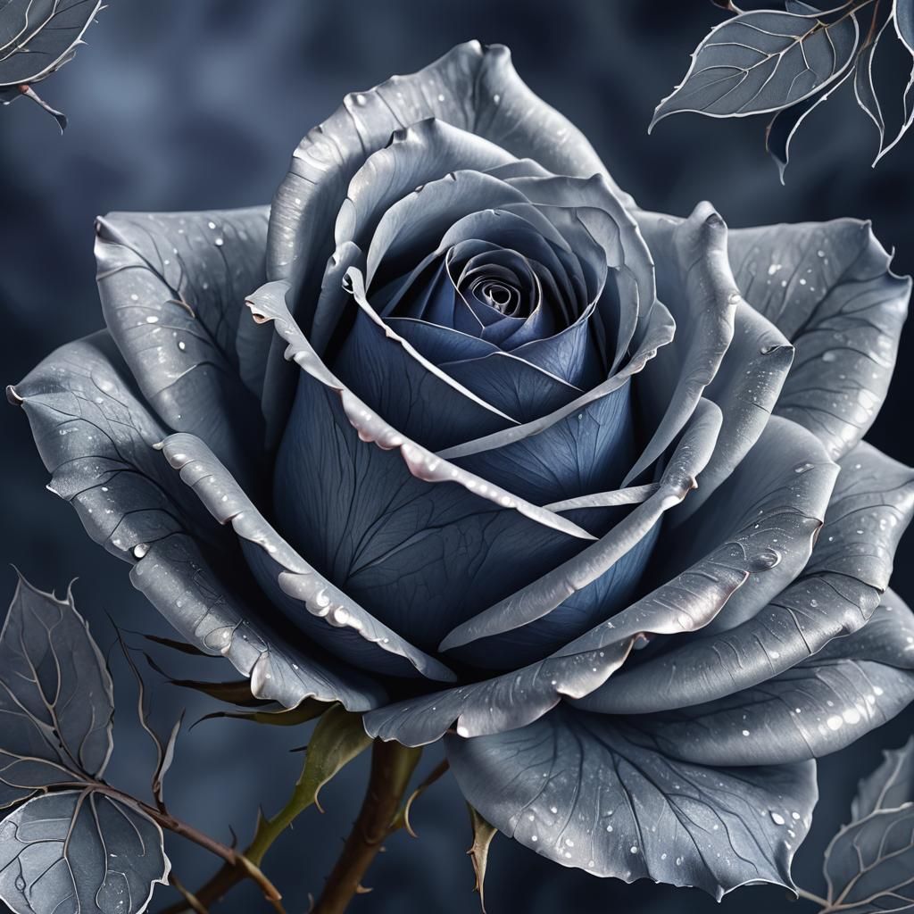 an elegant half open blue rose, on a silver stem, with silver trim on the petals, on a midnight blue background