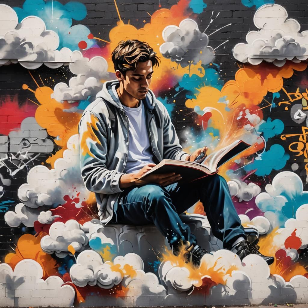 Man Reading on Cloud in Vibrant Street Art