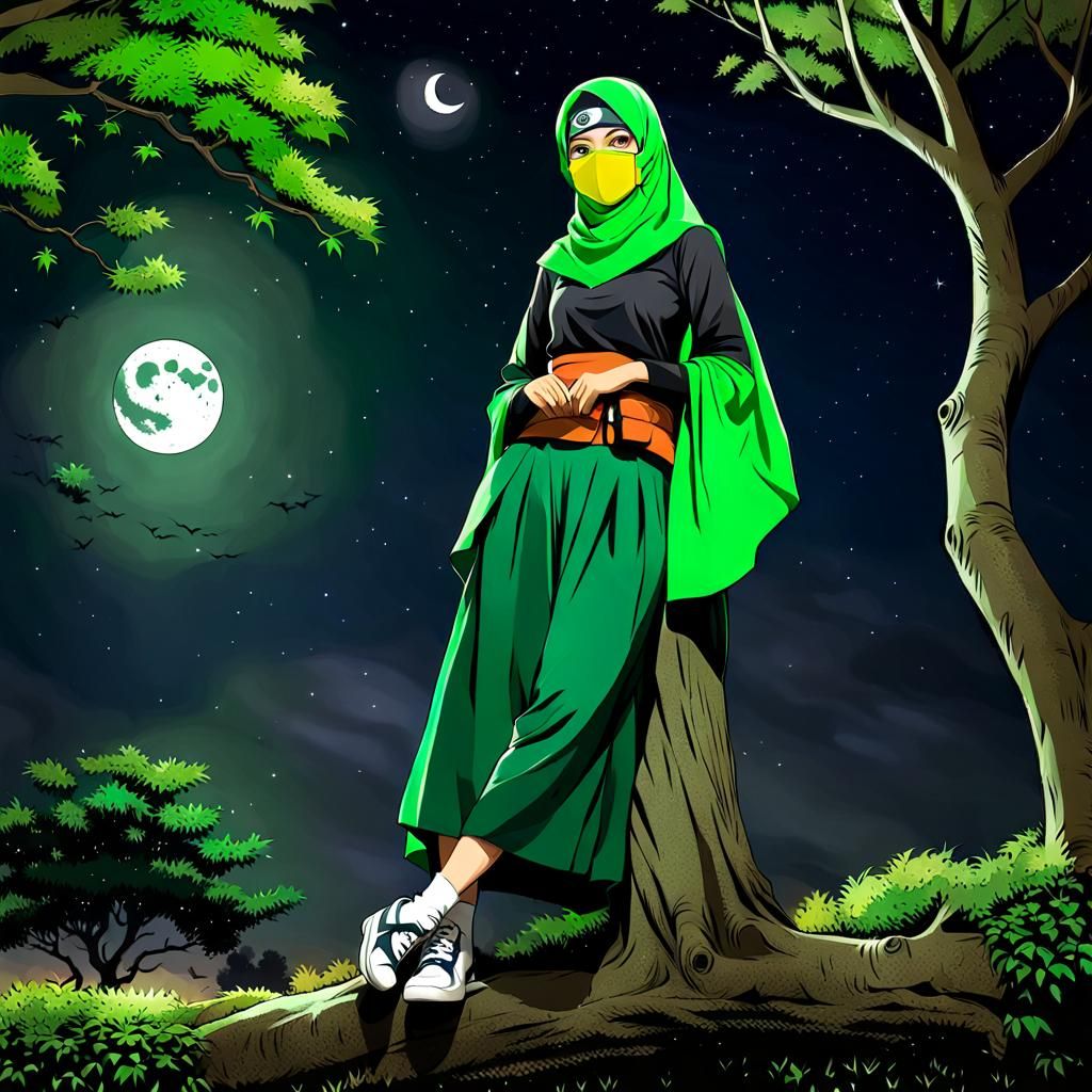 Cute Ninja Girl with Hijab in Moonlight