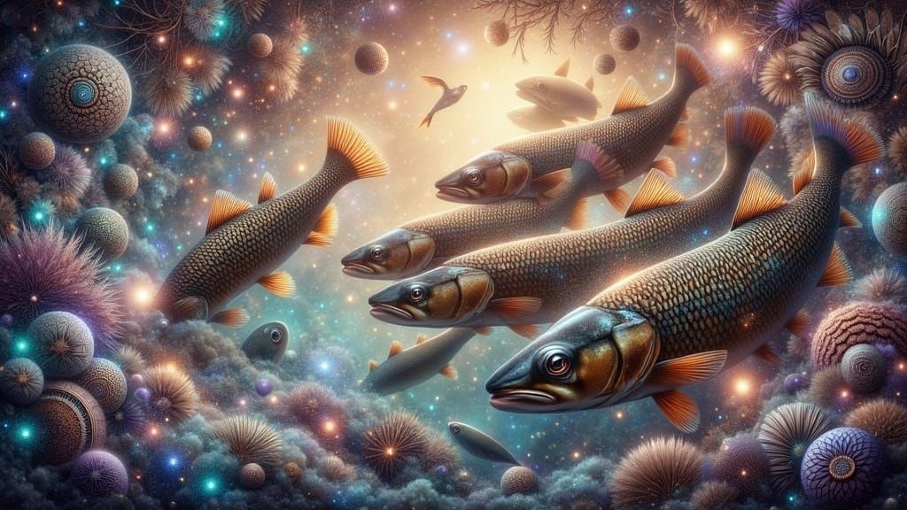 Ethereal Sunrise Scene with Feeding Walleye in Mystical Unde...