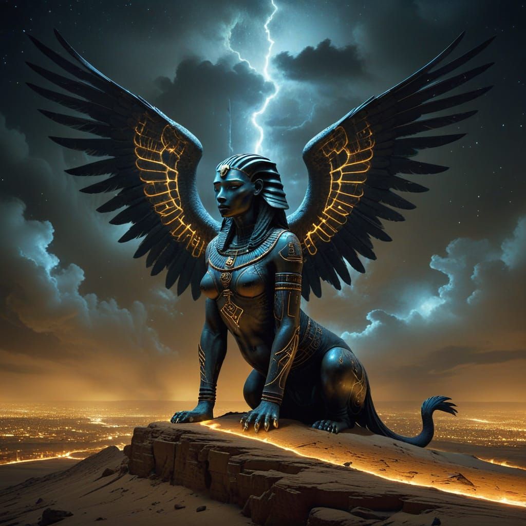 Ethereal Egyptian Sphinx Unfolds in a Dreamy Nightscape