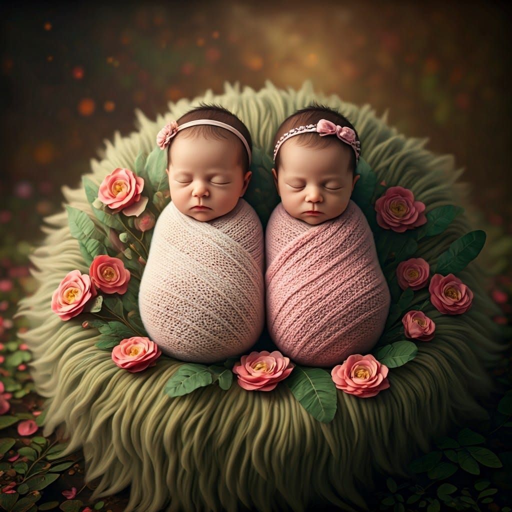 Whimsical Twin Baby Girls in Dreamy Floral Wonderland