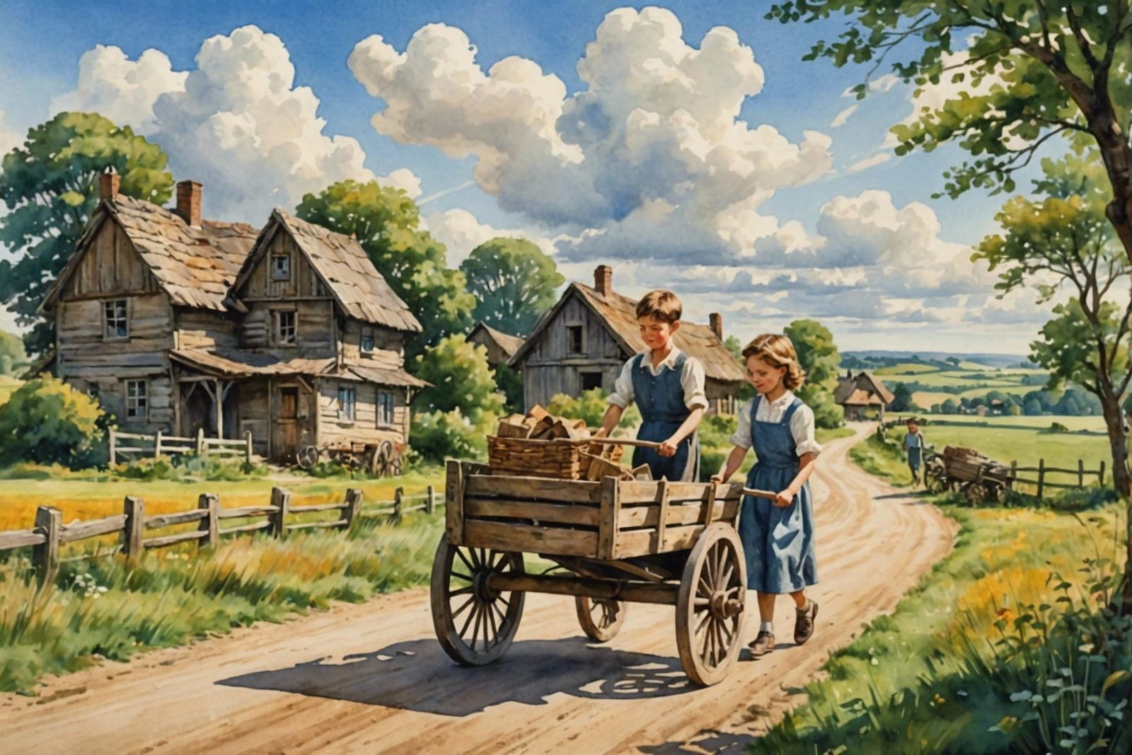 1950s Handcart Ride, Watercolor Painting