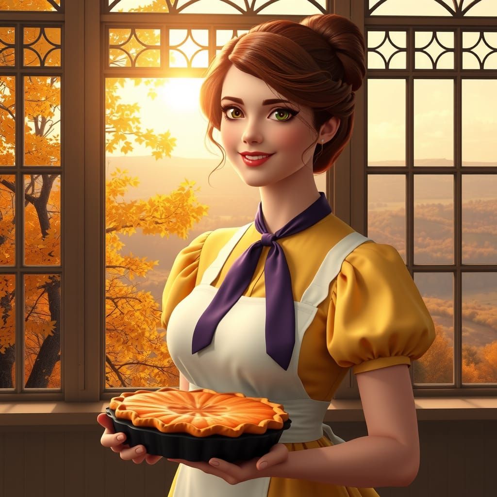Jane Porter in Autumn Landscape with Pumpkin Pie