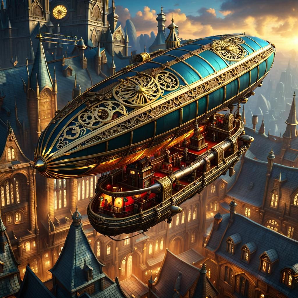Steampunk Zeppelin Over Cyberpunk Gothic City