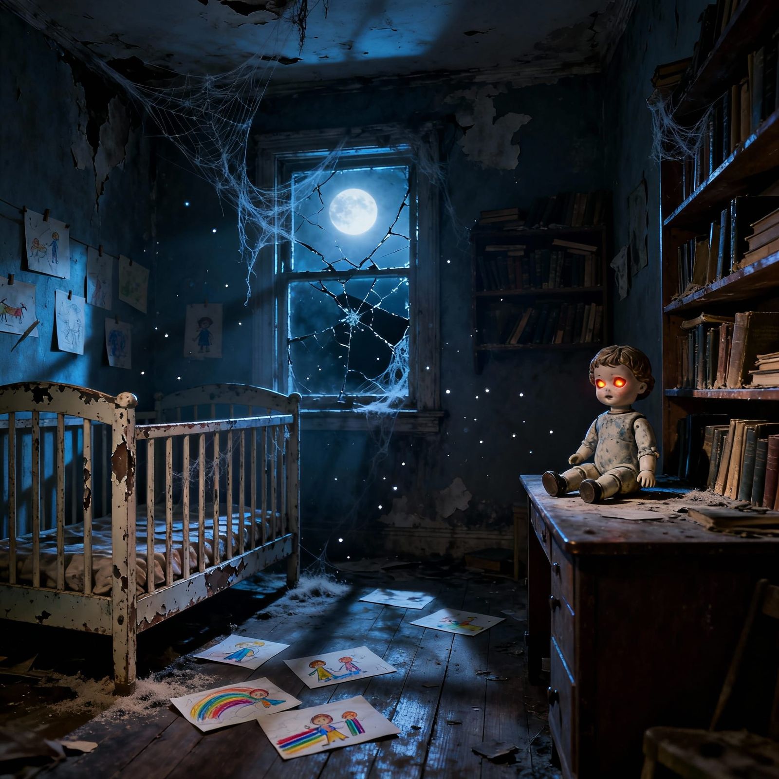 Eerie Moonlight Illuminates Abandoned Room with Sinister Dol...