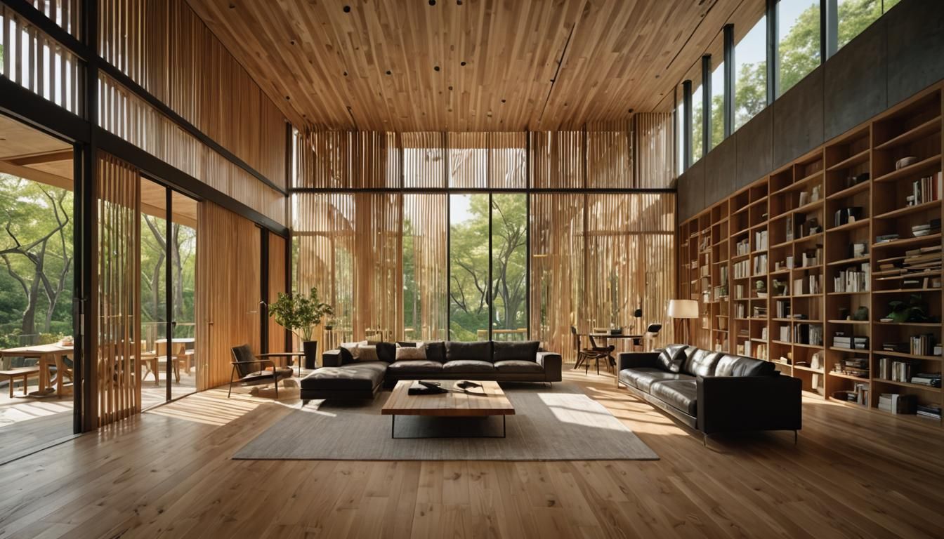 Harmonious Interior: Wood, Steel, and Glass Fusion