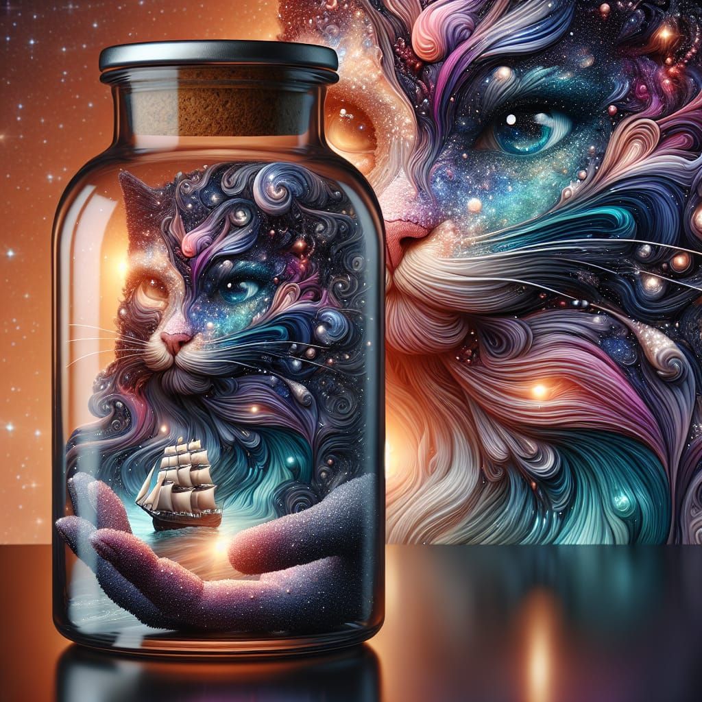 Cosmic Woman in a Bottle with Celestial Cat Portrait
