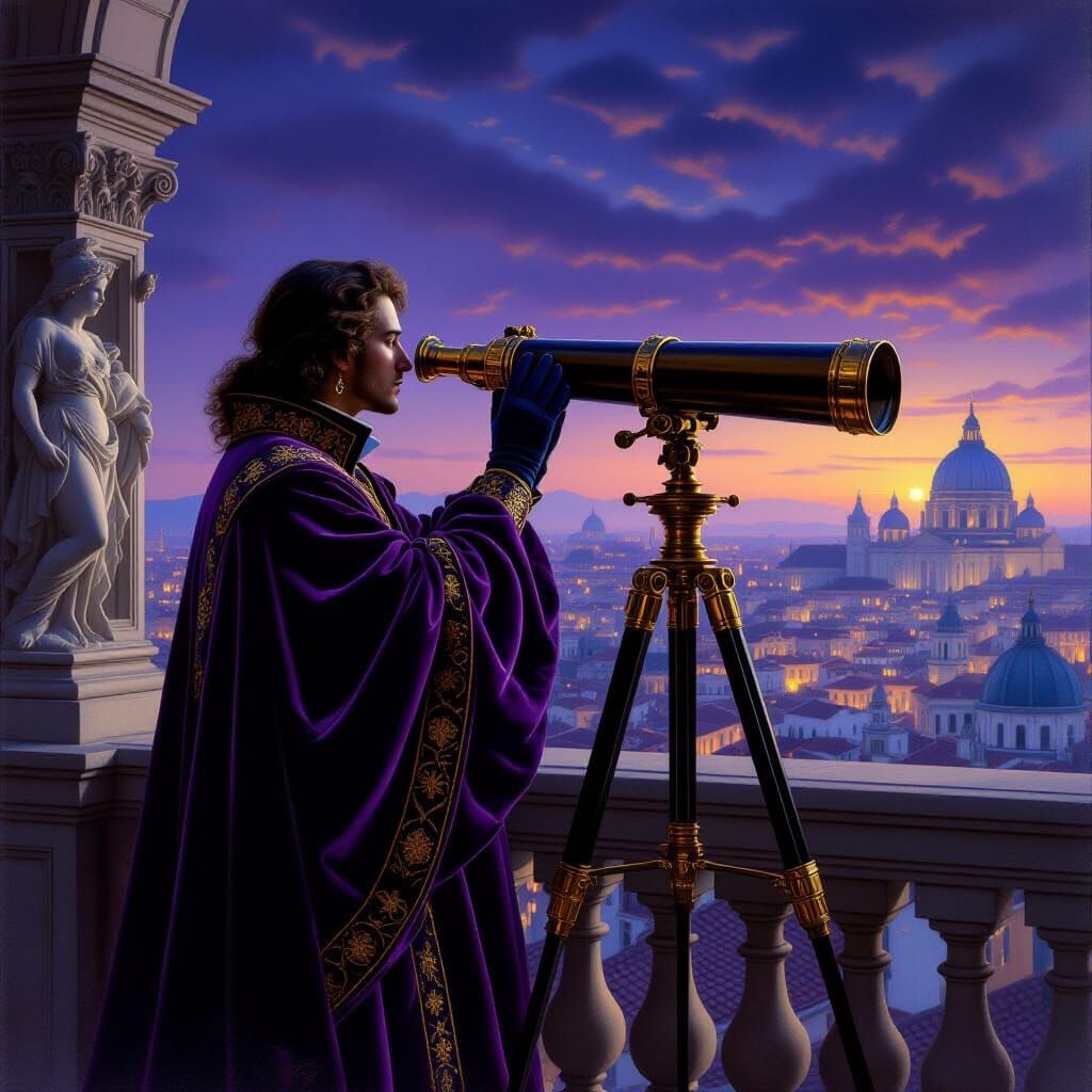 Baroque Astronomer on Balcony Under Violet Sky