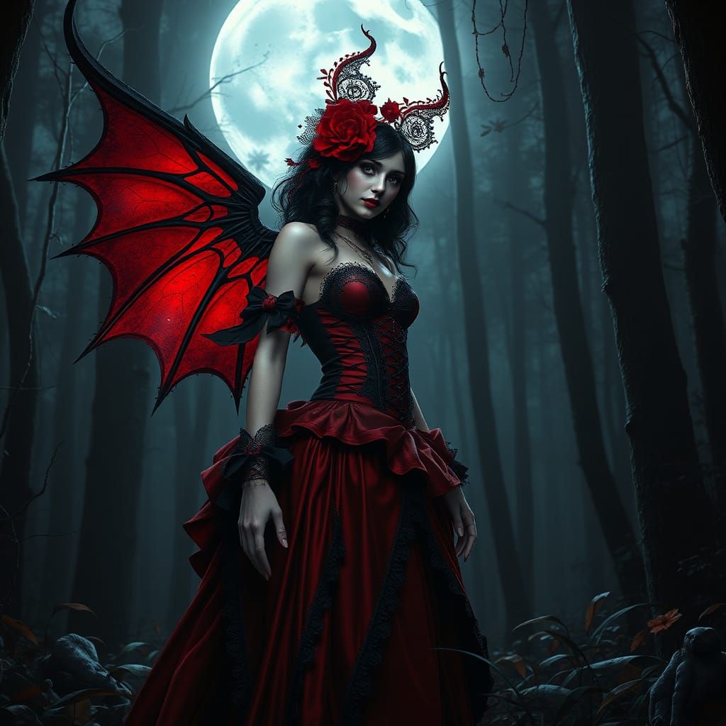 Gothic Girl in Dark Forest: Detailed Matte Painting