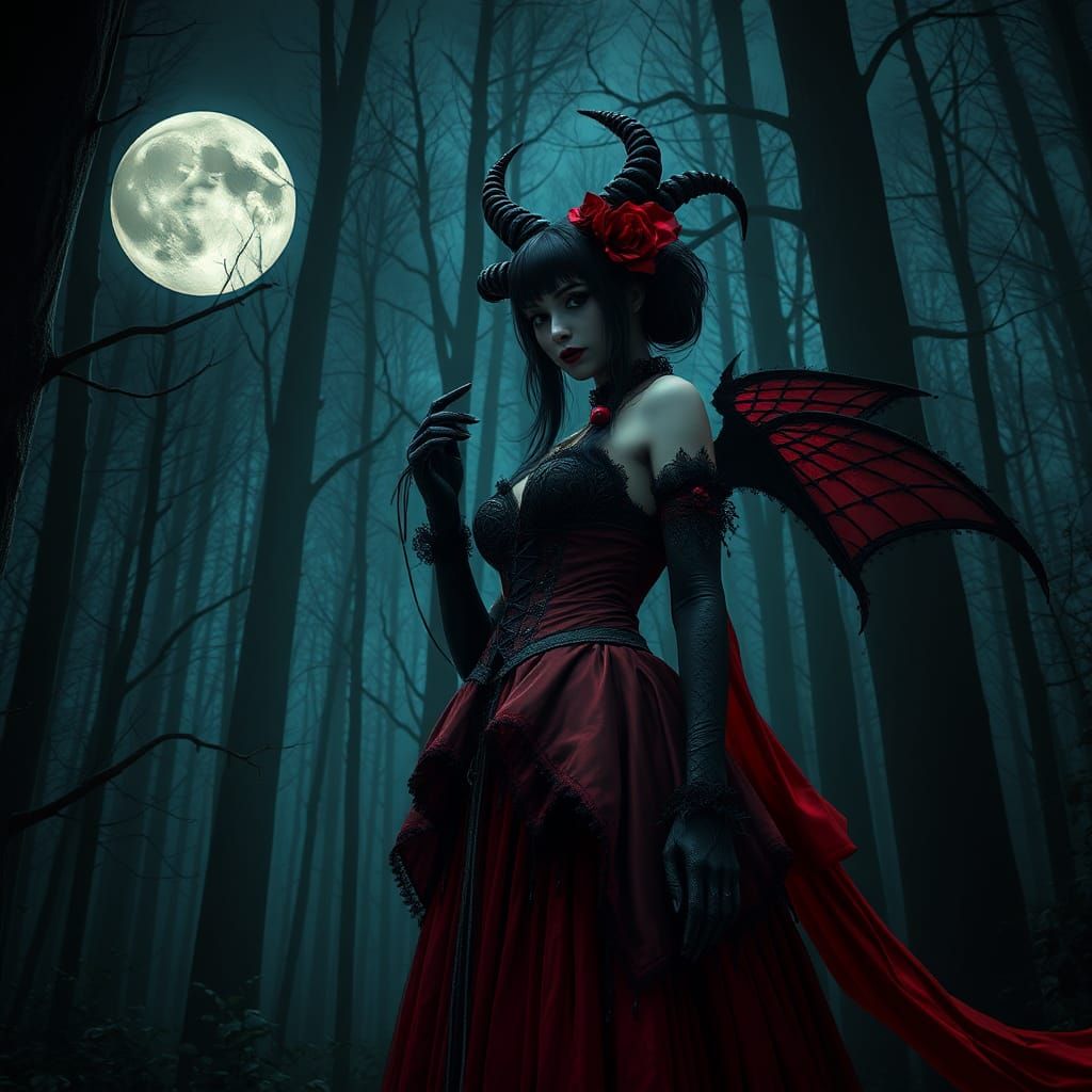 Gothic Girl in Dark Forest: Fantasy Concept Art