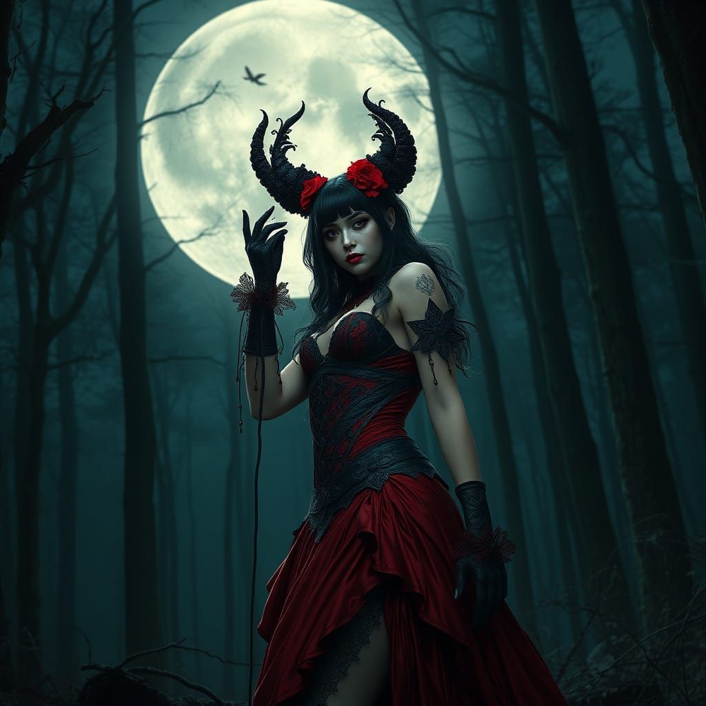 Gothic Girl in Dark Forest with Moon
