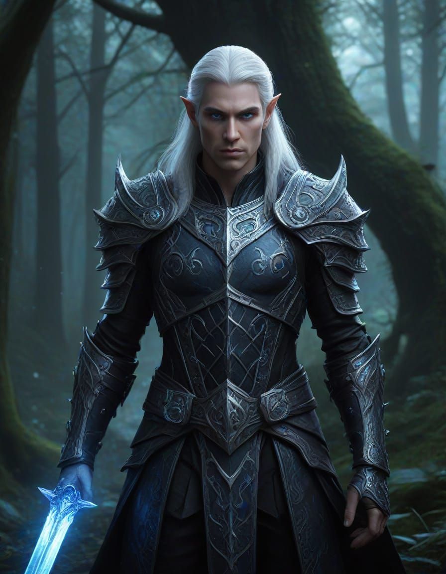 Elven Mage in Black Armor with Ethereal Glow