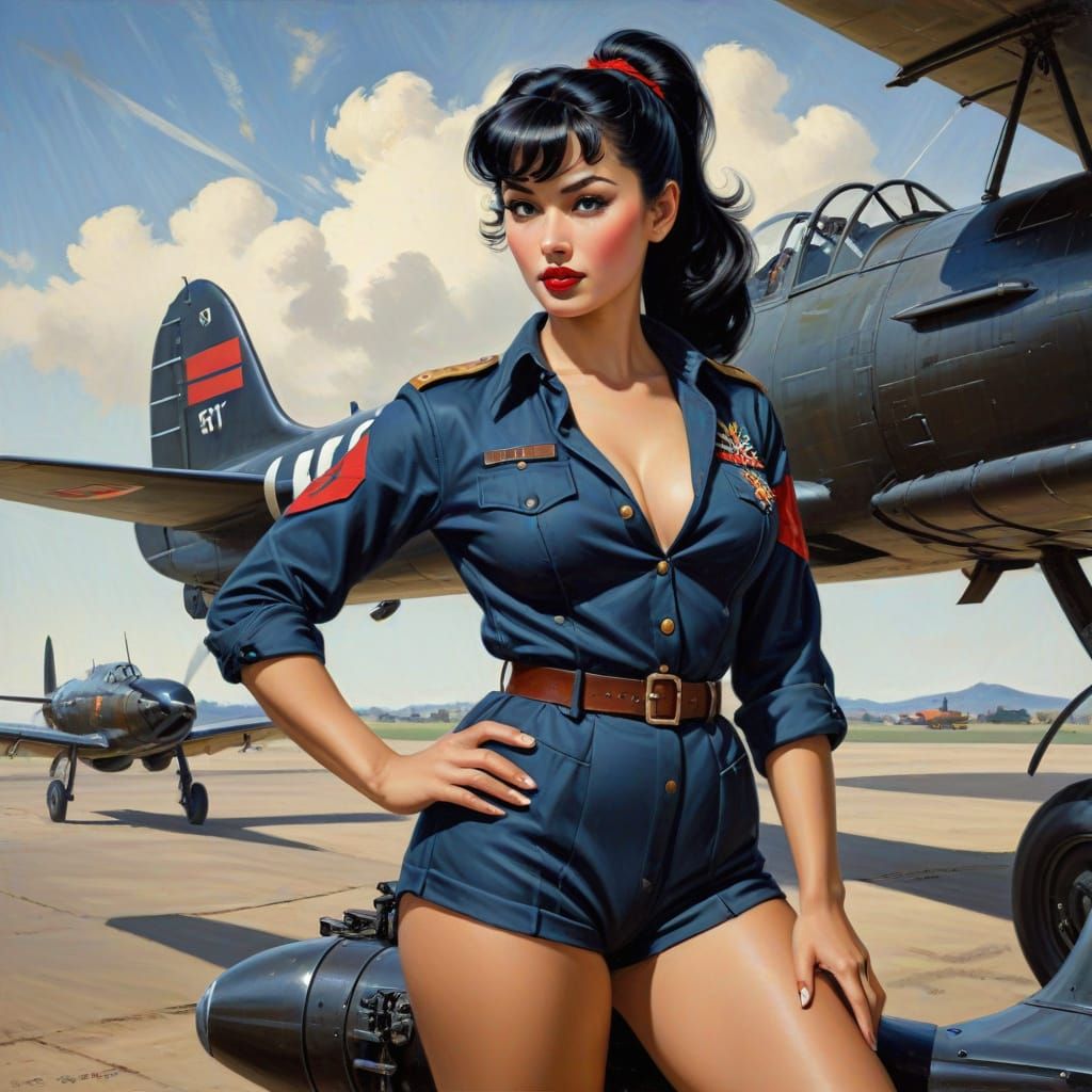 Confident Pin-Up Soldier in Oil Painting Style
