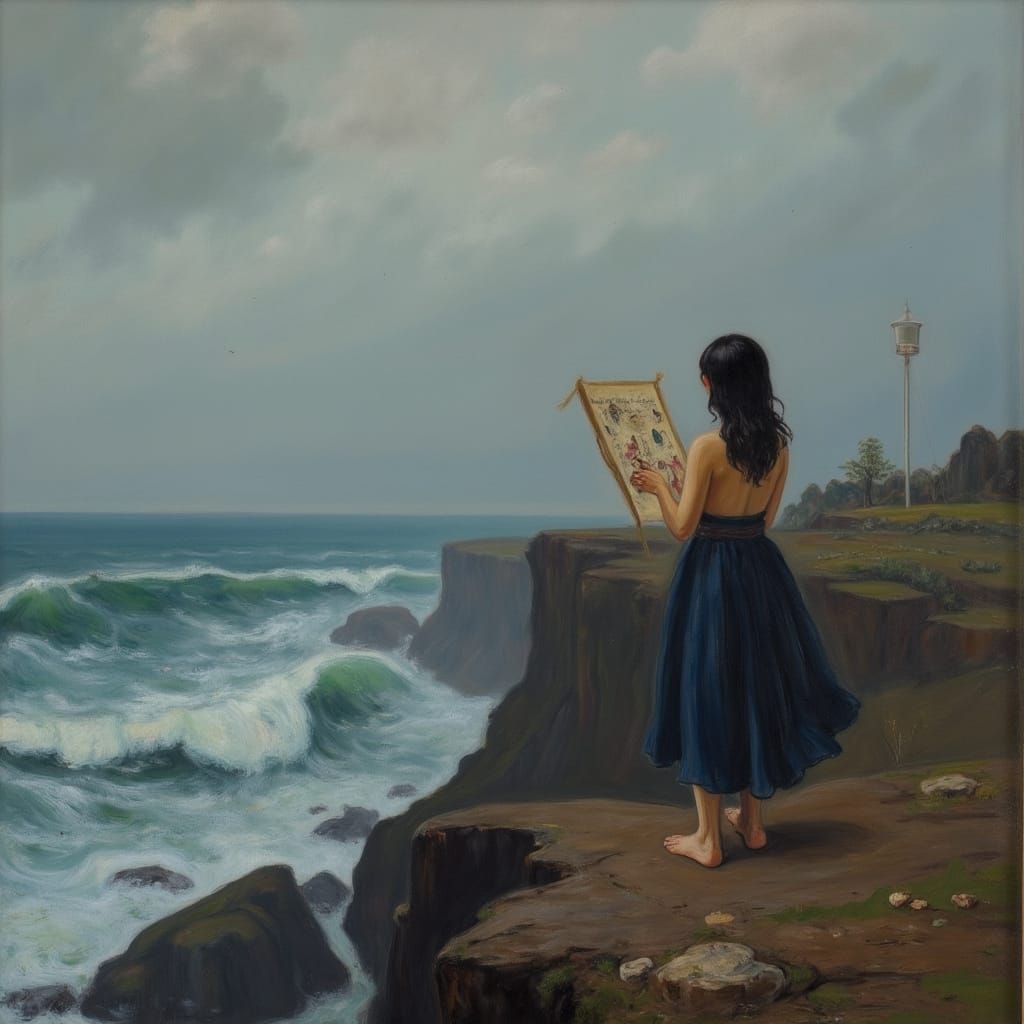 Girl on Cliff Overlooking Stormy Sea with Scroll