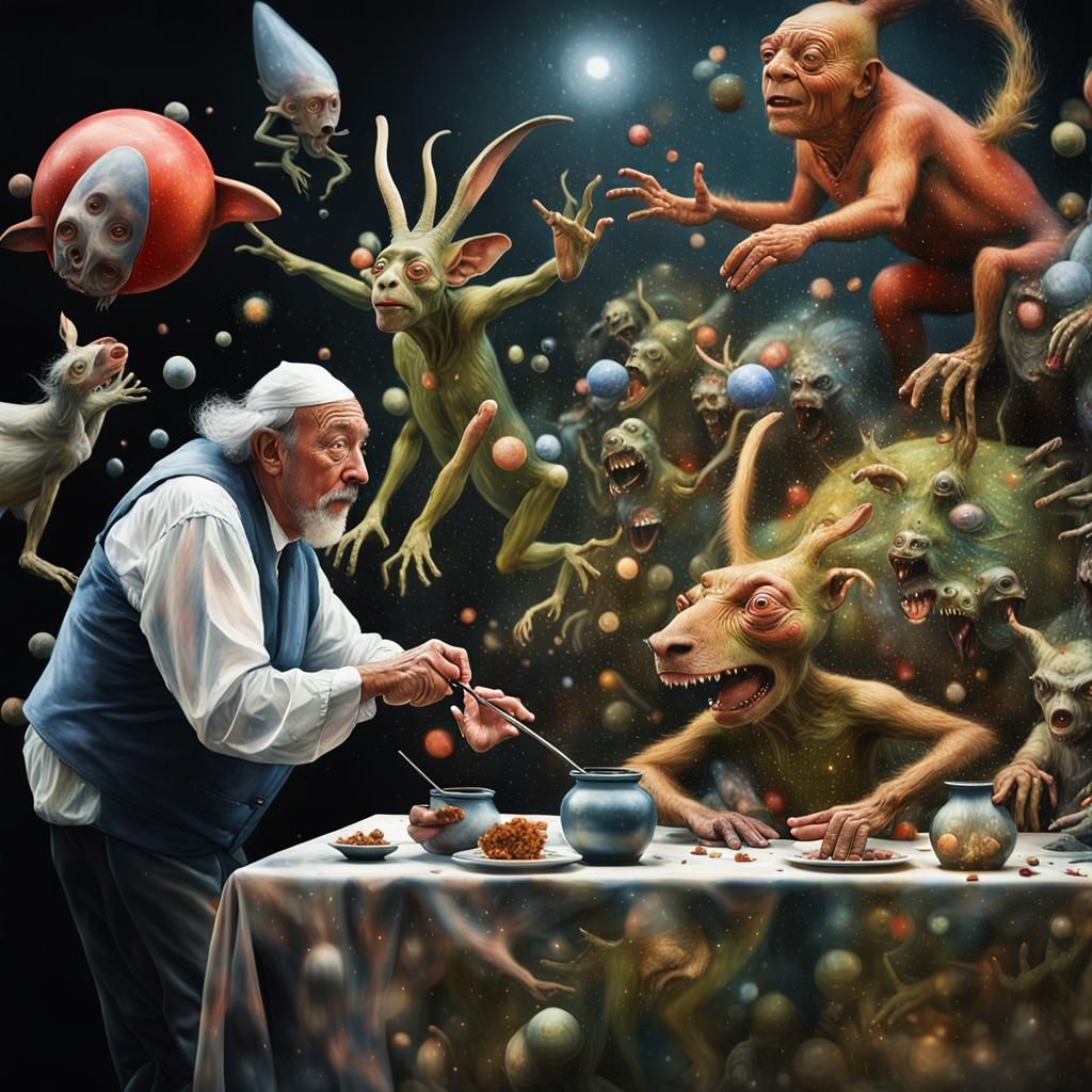 Bosch-Inspired Alien Creatures in City Street, Hyperrealism
