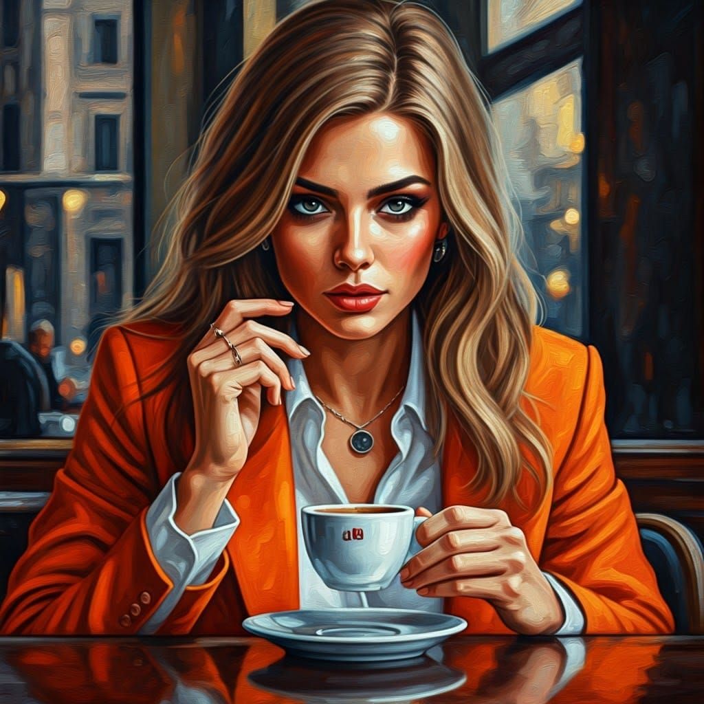 Italian Woman's Espresso Break: Impasto Cityscape