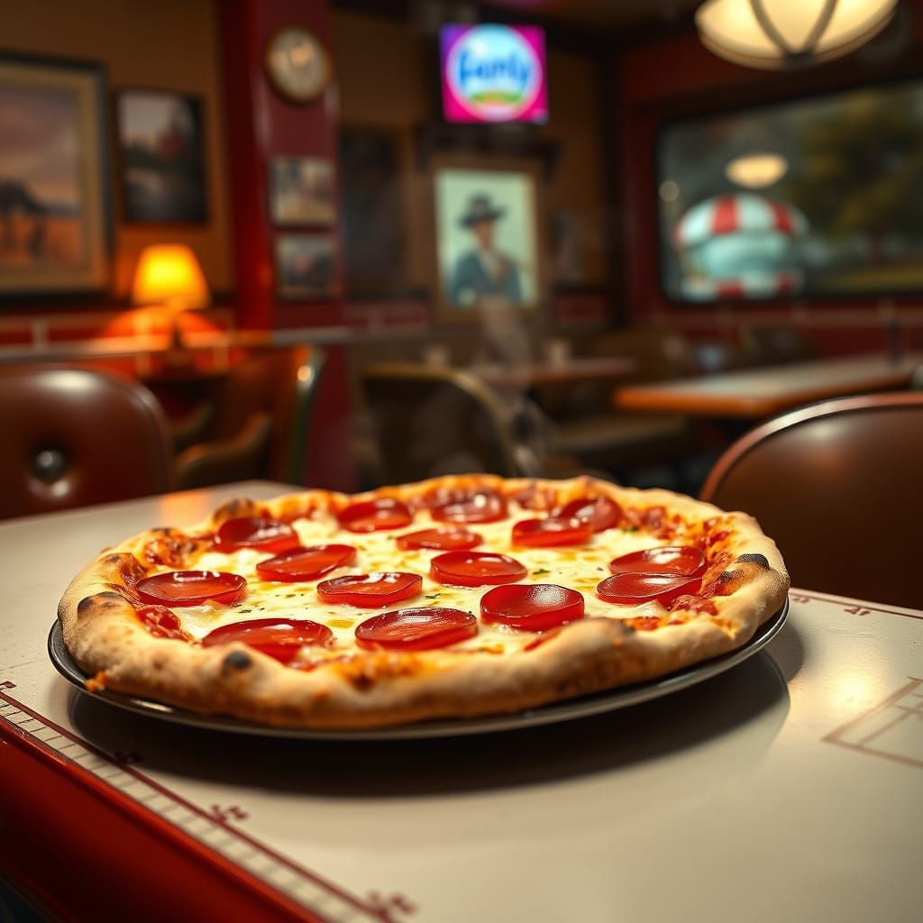 Classic Pepperoni Pizza in Retro Diner Setting